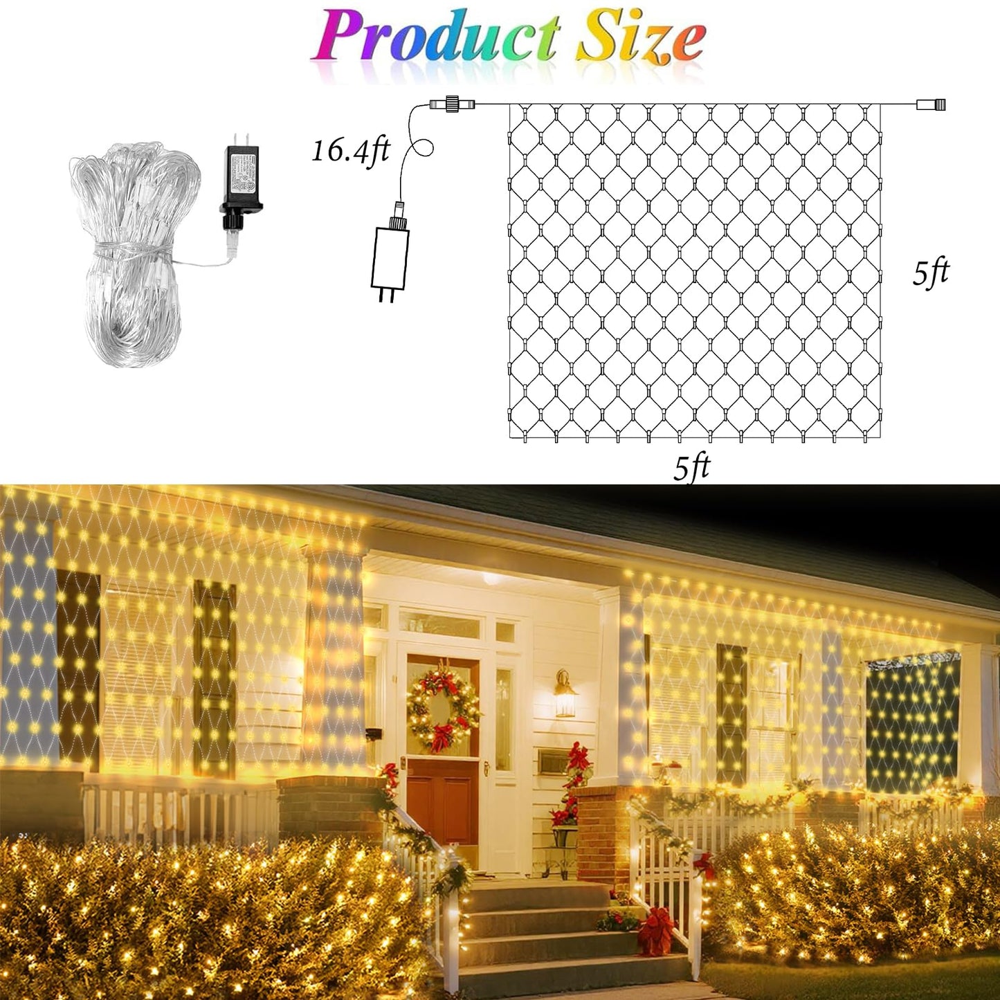 Lovelite 120 LED Christmas Net Lights, 5ft x 5ft Mesh Lights Outdoor 8 Modes Timer, Waterproof Connectable String Lights Clear Wire Plug in for Bushes Lawns Garden Holiday Wedding Party - Warm White