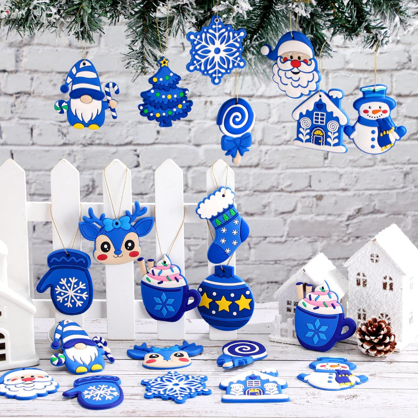 Lunmon 24 Pcs Blue Winter Ornaments PVC Snowman Tree Ornaments Gingerbread House Gnomes Ornament Blue Winter Decorations for Xmas Tree Party Holiday Decor