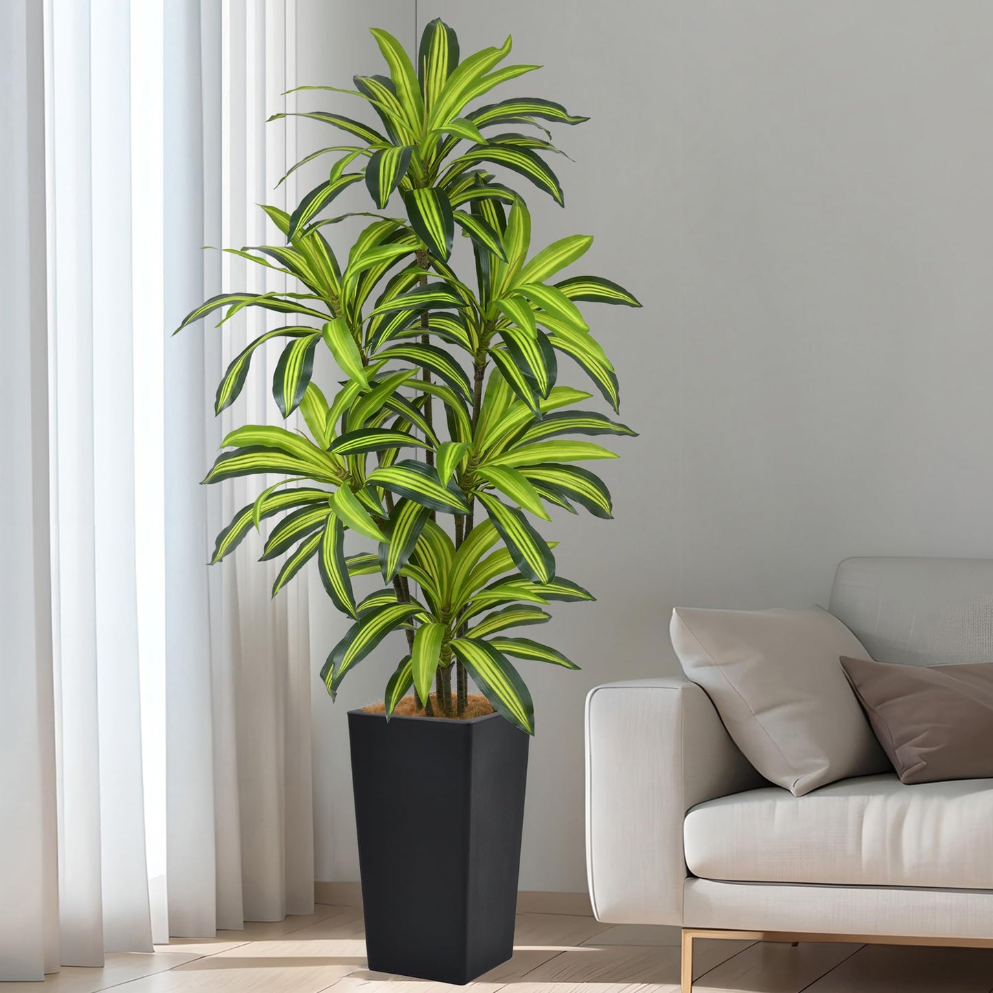 Artificial Dracaena Tree 6FT(72in) Tall Fake Silk Yucca Tree with Black Planter, Faux Floor Potted Artificial Plants for Home Office Living Room Indoor Decor (6feet,Tall Pot)