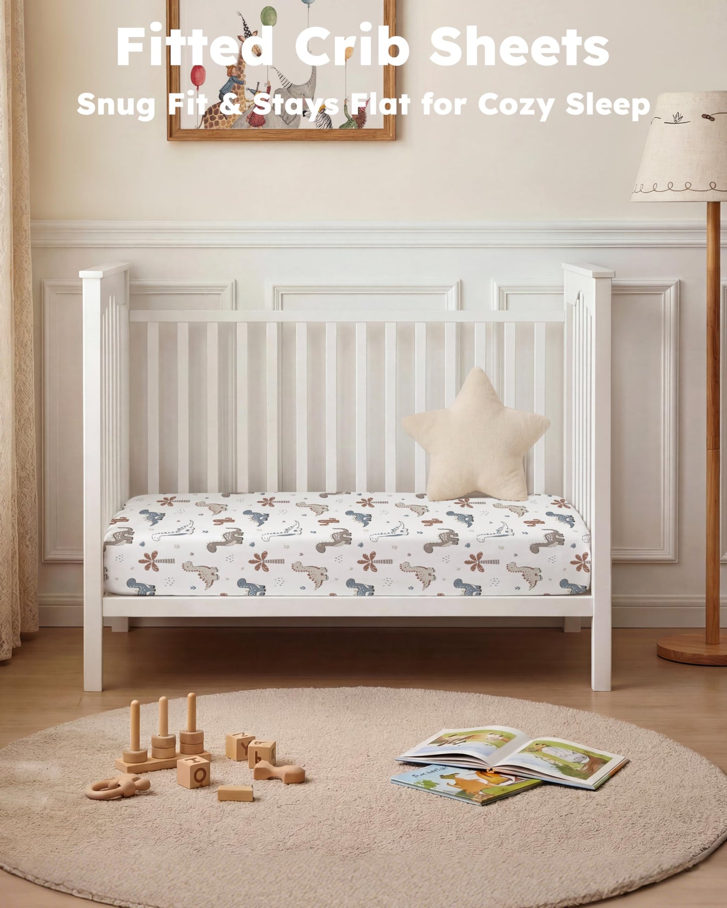 Nyessmee Baby Crib Sheets for Boys and Girls, Fitted Crib Sheets 52" x 28", Soft Breathable Microfiber Sheets for Standard Crib and Toddler Mattress, 2-Pack Brown Dinosaur