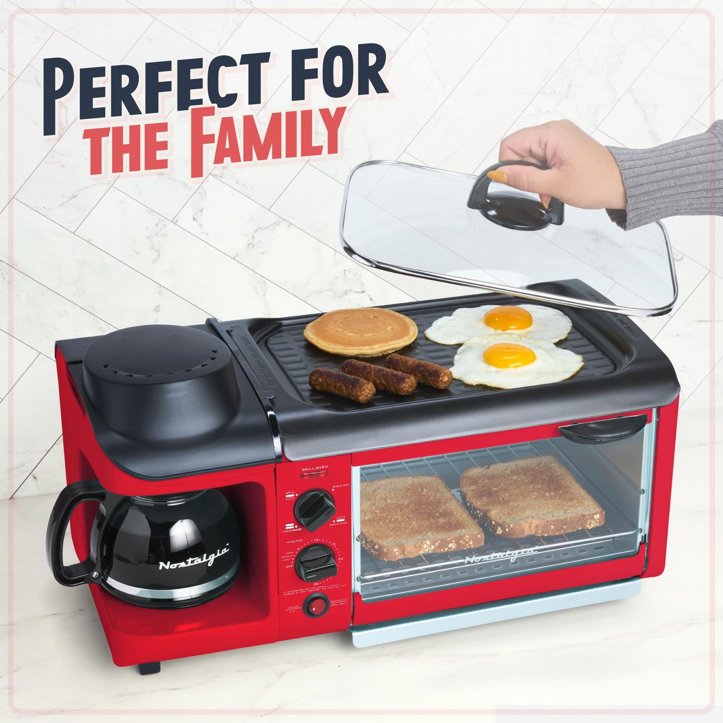 Nostalgia 3-in-1 Breakfast Station - Includes Coffee Maker, Non-Stick Griddle, and 4-Slice Toaster Oven - Versatile Breakfast Maker with Timer - Aqua