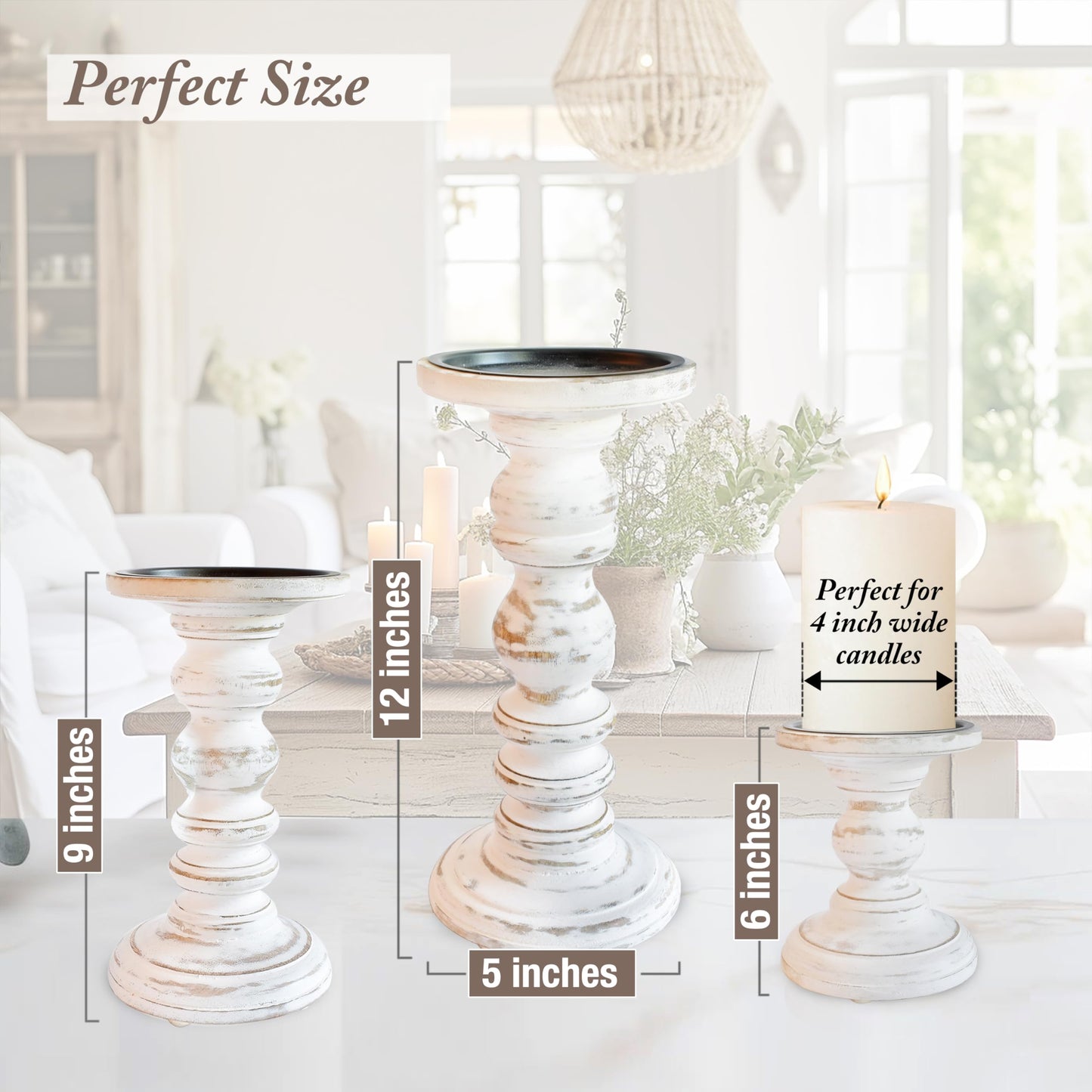 Large Candle Holders for Pillar Candles (3 Piece Set) Tall Rustic Wood Farmhouse Pillar Candlestick Stands - Fits 4 inch inch Wide Pillar Candles - Modern Candle Holder Decor (Antique White)