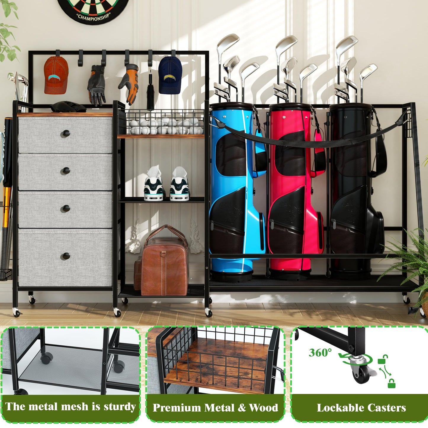DALEMHOME Golf Bag Storage Rack for Garage, Extra Large 70.07" Golf Organizer Fits 3 Golf Bags, Heavy Duty Metal Golf Equipment Storage Stand with 4 Drawers, Side Basket and Lockable Casters