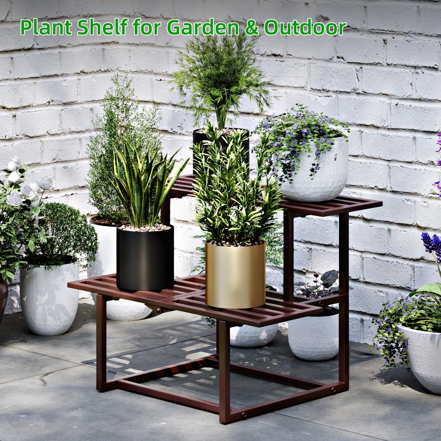 Rioneta Plant Stand Indoor Outdoor, Foldable Metal Plant Shelf for Multiple Pots, Mid Century Slatted Bench for Patio Garden, Heavy Duty Capacity 330 lbs 2 Tier Coffee