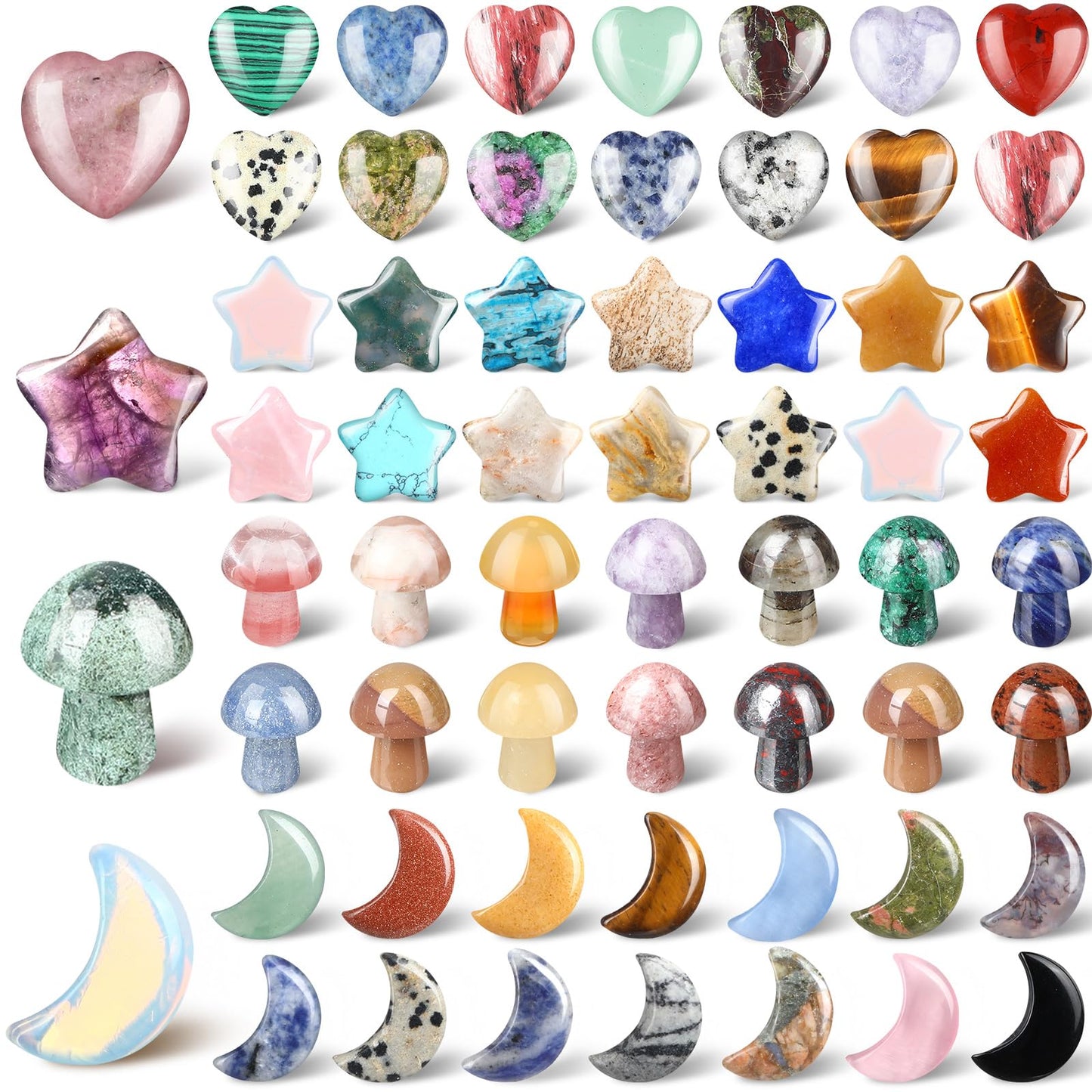 Nuenen 60 Pieces 20 * 20 * 6 mm Crystal Mushroom Sculpture Heart Shaped Moon Star Crystals Stones Bulks Worry Stones Assorted Hand Making Palm Thumb Gemstones for Witchcraft Meditation Reiki(Classic)