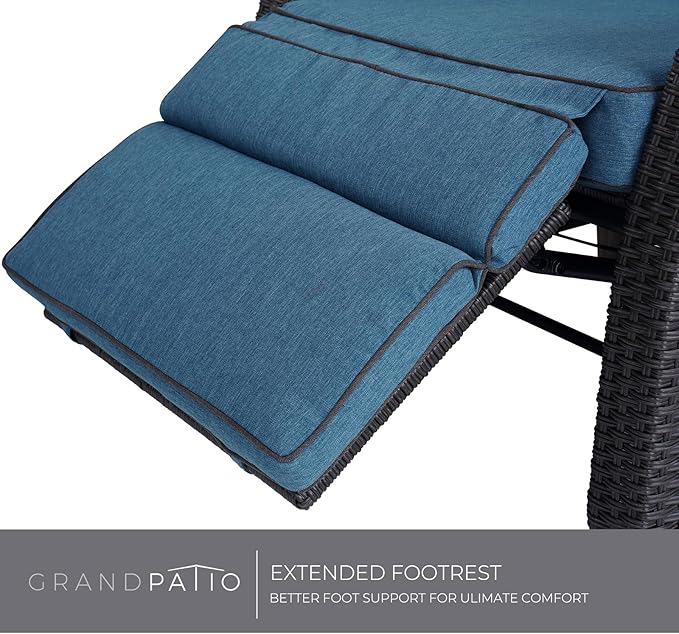 Grand patio Outdoor Reclining Chairs with Extended Footrest 2-Piece Adjustable Patio Wicker Lounge Recliner up to 150° with Flip Side Table Peacock Blue