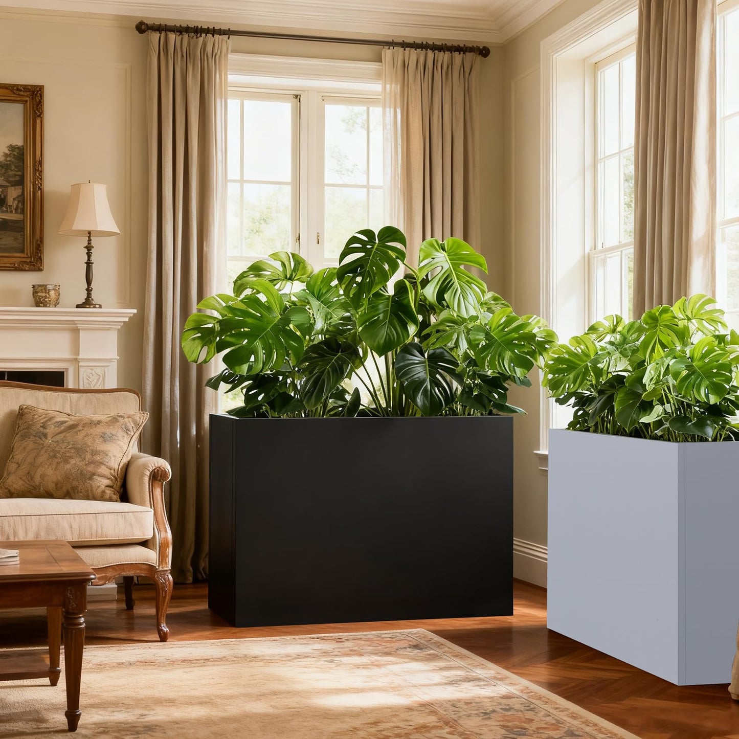 GZLVSOW Metal Heavy Planter Box 32" L x 15" W x 24" H White Metal Rectangular Outdoor Planter with Removable Insert Shelf for Outside, Indoor, Garden (White, 32 * 15 * 24)