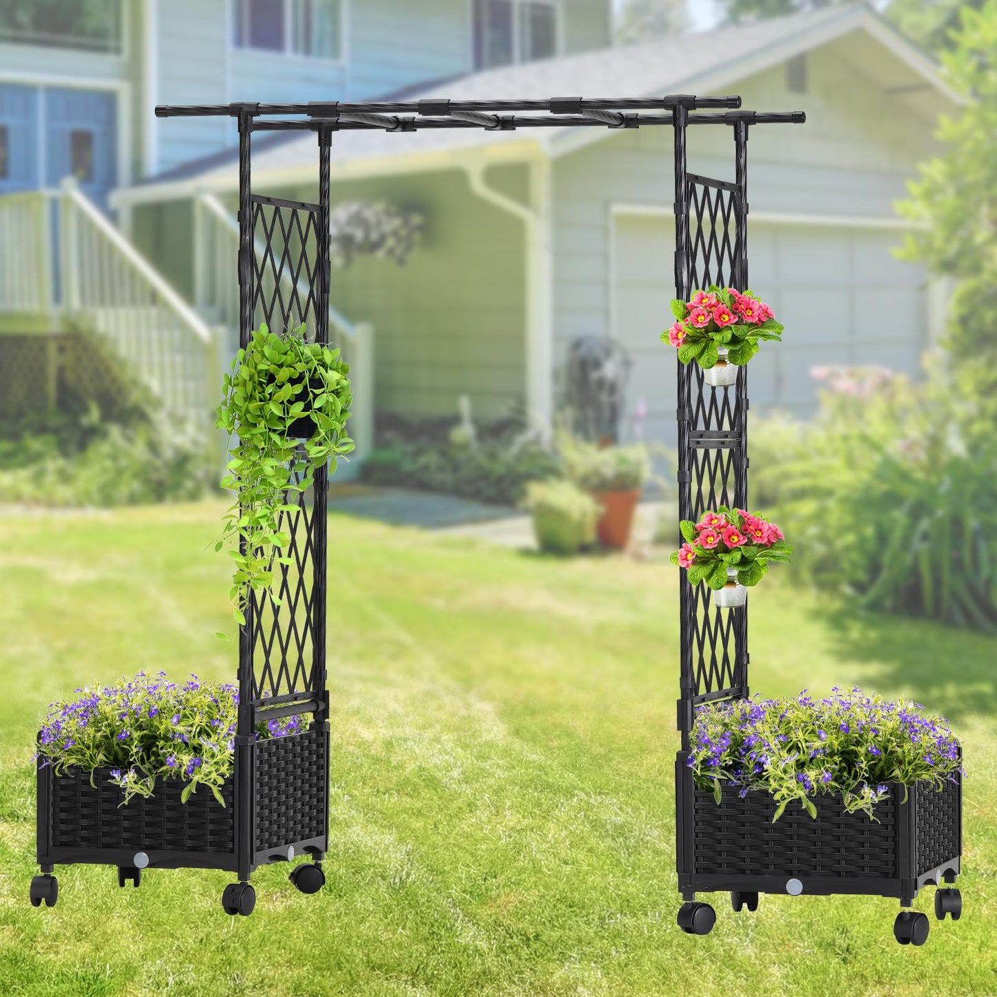 FOLLOOK Planter Box with Trellis Outdoor, 53.1in Plastic Raised Garden Bed with Trellis Hanging Roof for Vine Flower, with Lockable Wheels & Drain Plug for Patio Backyard Balcony, Black, 1 Pc