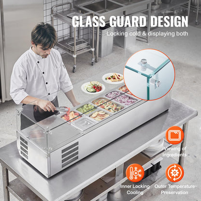VEVOR Condiment Prep Rail Station, 150 W Countertop Refrigerated Condiment Station, with 4 1/3 4 1/6 Pans, 304 Stainless Body and PC Lid, Sandwich Prep Table with Glass Guard, ETL, Silver