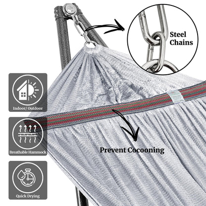 Tranquillo Universal Double Hammock with Stand Included for 2 Persons/Foldable Hammock Stand 600 lbs Capacity Portable Case - Inhouse, Outdoor, Camping, Grey