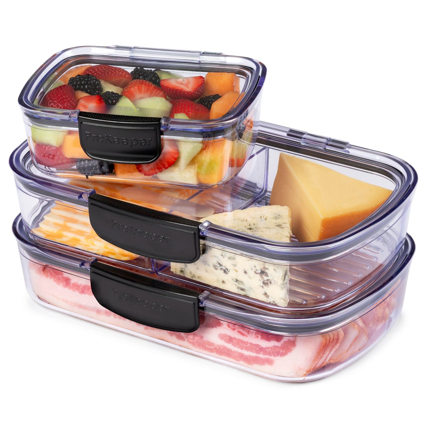 Progressive Prokeeper + Deli Storage Set: Air-Tight Silicone Sealed Containers w Grooved Bottom, Dry Erase Lid, BPA-Free, Stackable, Keeps Meats & Cheeses Fresh Longer, 3-Piece Set (1.65L, .69L, 1.6L)