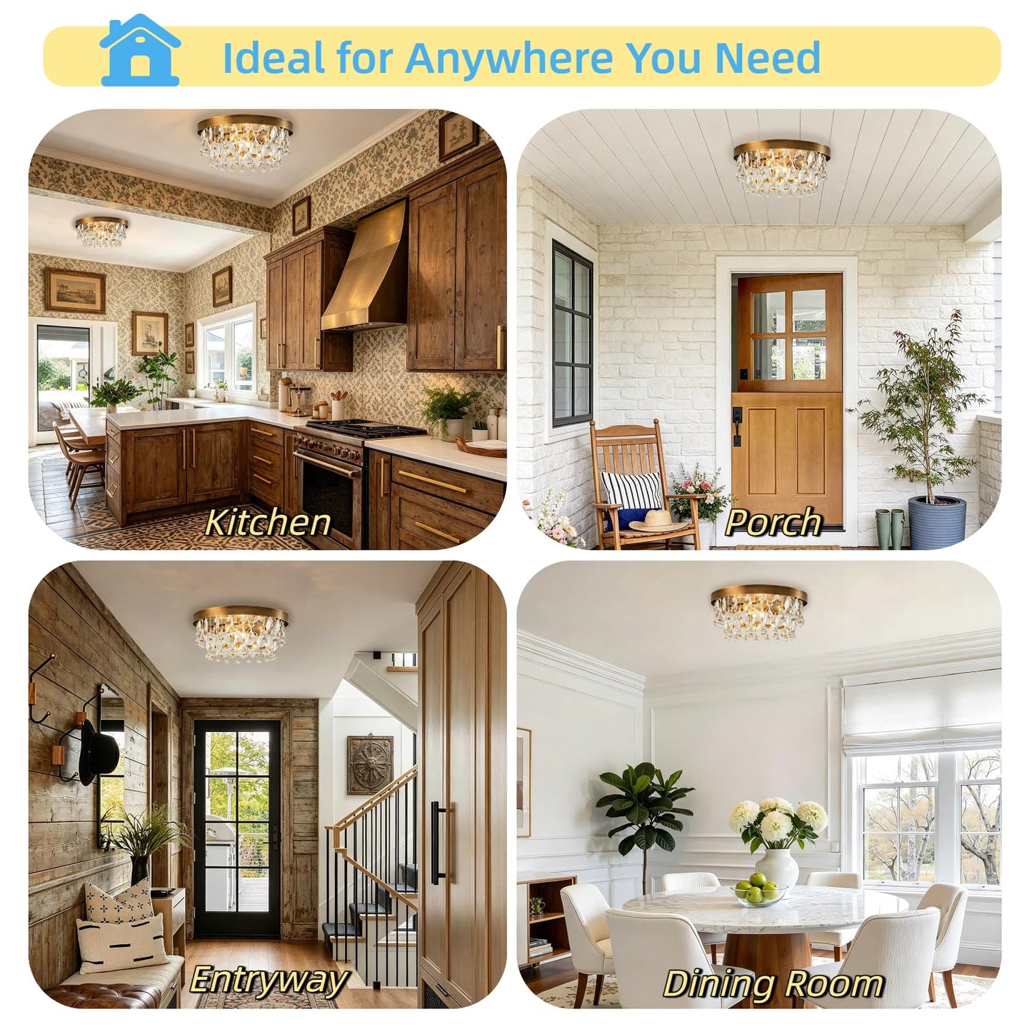 15" Antique Brass Round Crystal Ceiling Light, Luxury Crystal Raindrop Semi Flush Mount Ceiling Light Fixture, Modern Mini Flush Mount for Bedroom, Hallway, Entryway (Brass)