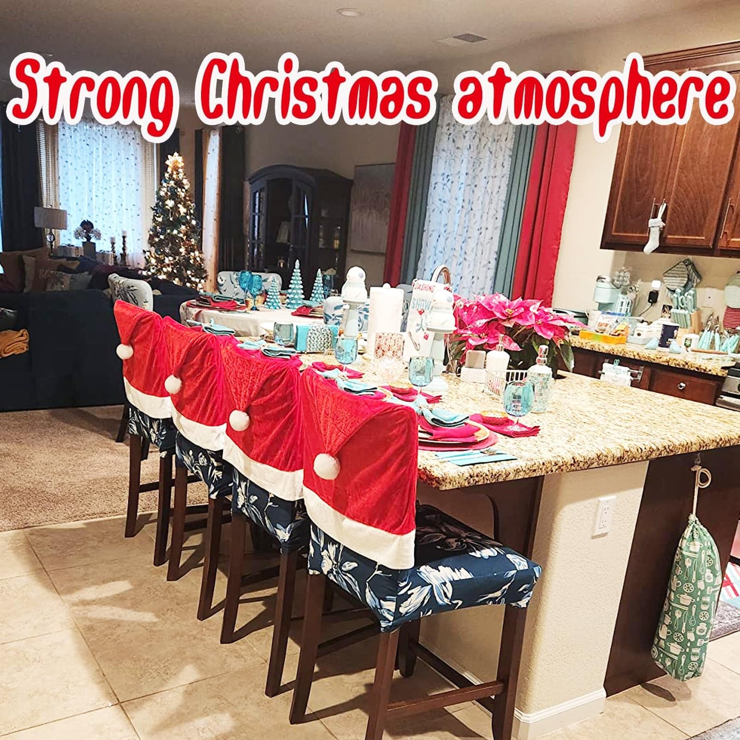 SATXTREM Christmas Chair Covers Set of 4,Red and White Santa Claus Hat Chair Back Covers for Xmas Holiday Festival Indoor Kitchen Bar Counter Stools Decorations Dining Room Table Decor