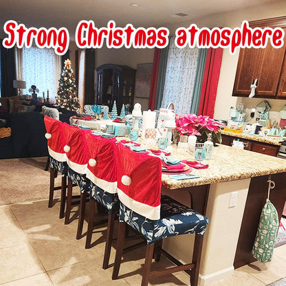 SATXTREM Christmas Chair Covers Set of 4,Red and White Santa Claus Hat Chair Back Covers for Xmas Holiday Festival Indoor Kitchen Bar Counter Stools Decorations Dining Room Table Decor