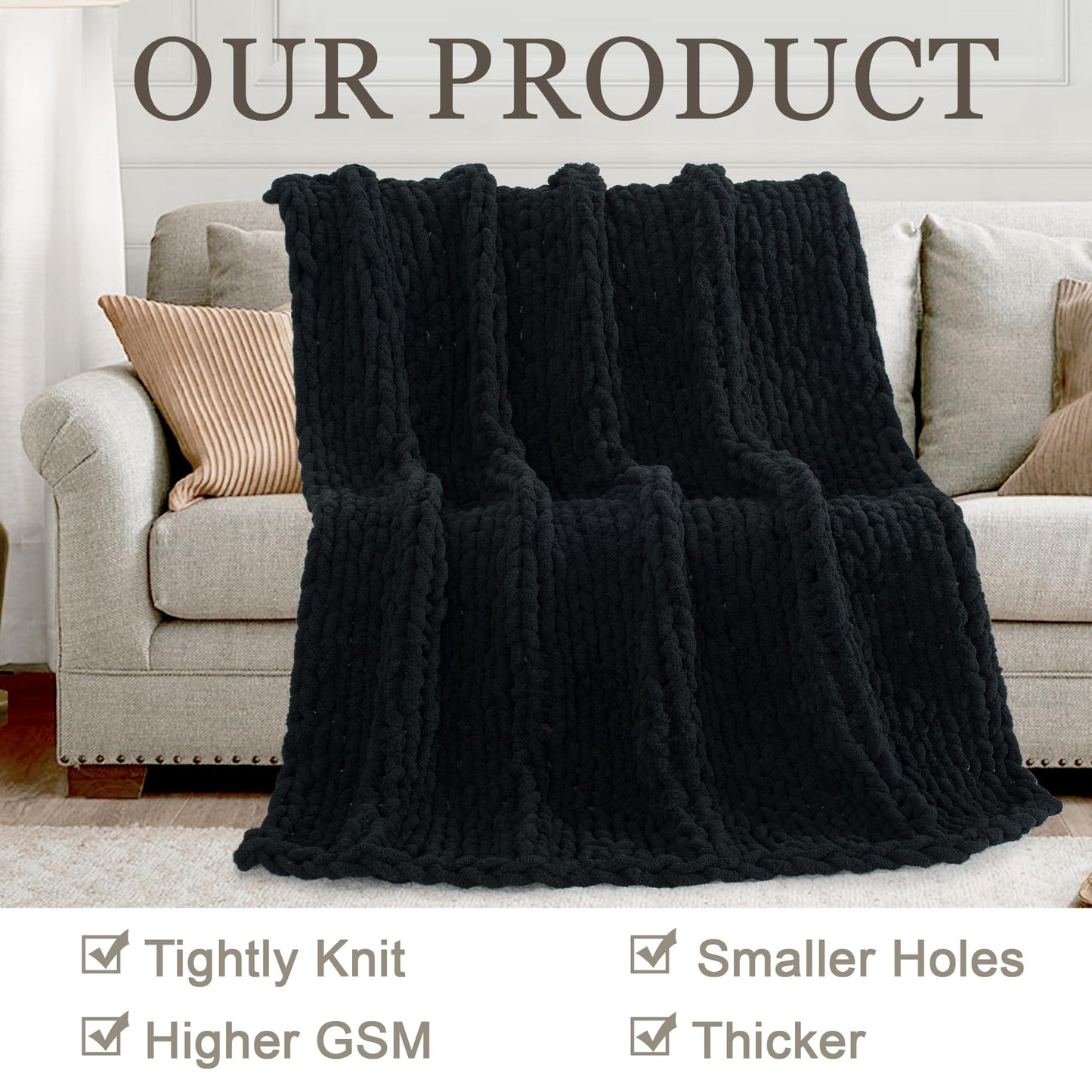 LONG CREATE Chunky Knit Throw Blanket 50"X 60", 100% Handmade with Soft Chenille Yarn, 4.4lbs Thick Cable Knitted Blankets, Large Rope Knot Crochet Throws for Couch Sofa Bed Home Decor, Black