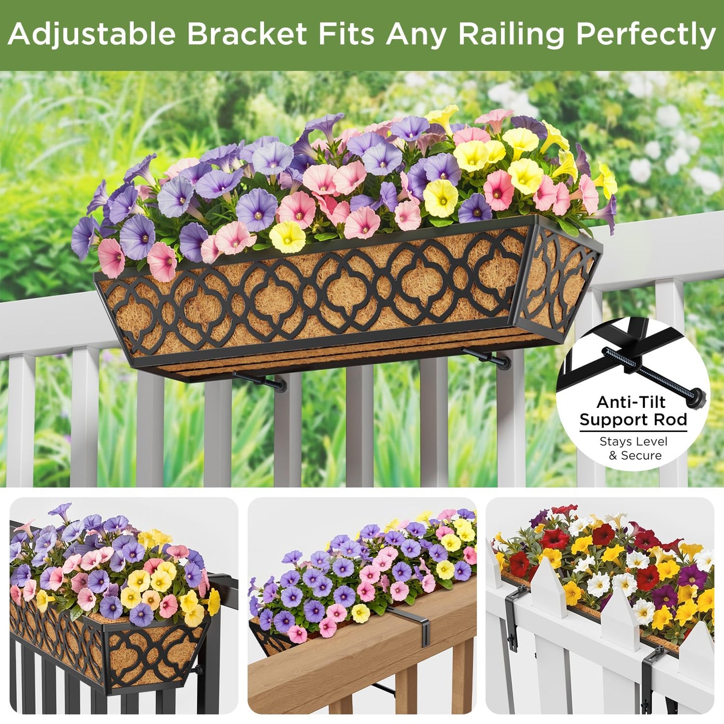 Y&M Railing Planter Boxes 24 Inch 2 Pack, Hanging Balcony Planter, Adjustable Deck Railing Planter Box, Metal Window Boxes Outdoor for Fence, Porch Flower Pots Holder