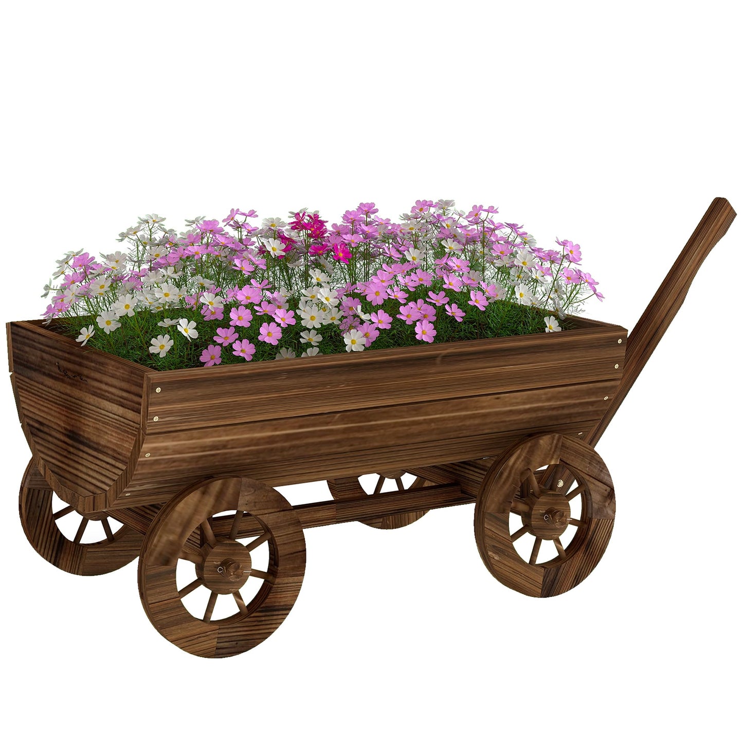 Outsunny Wooden Wagon Planter Box, Mobile Garden Planter with 4 Wheels and Handle, Small Wheelbarrow Wagon Flower Cart with Drainage Hole for Outdoor Patio, Garden, Balcony