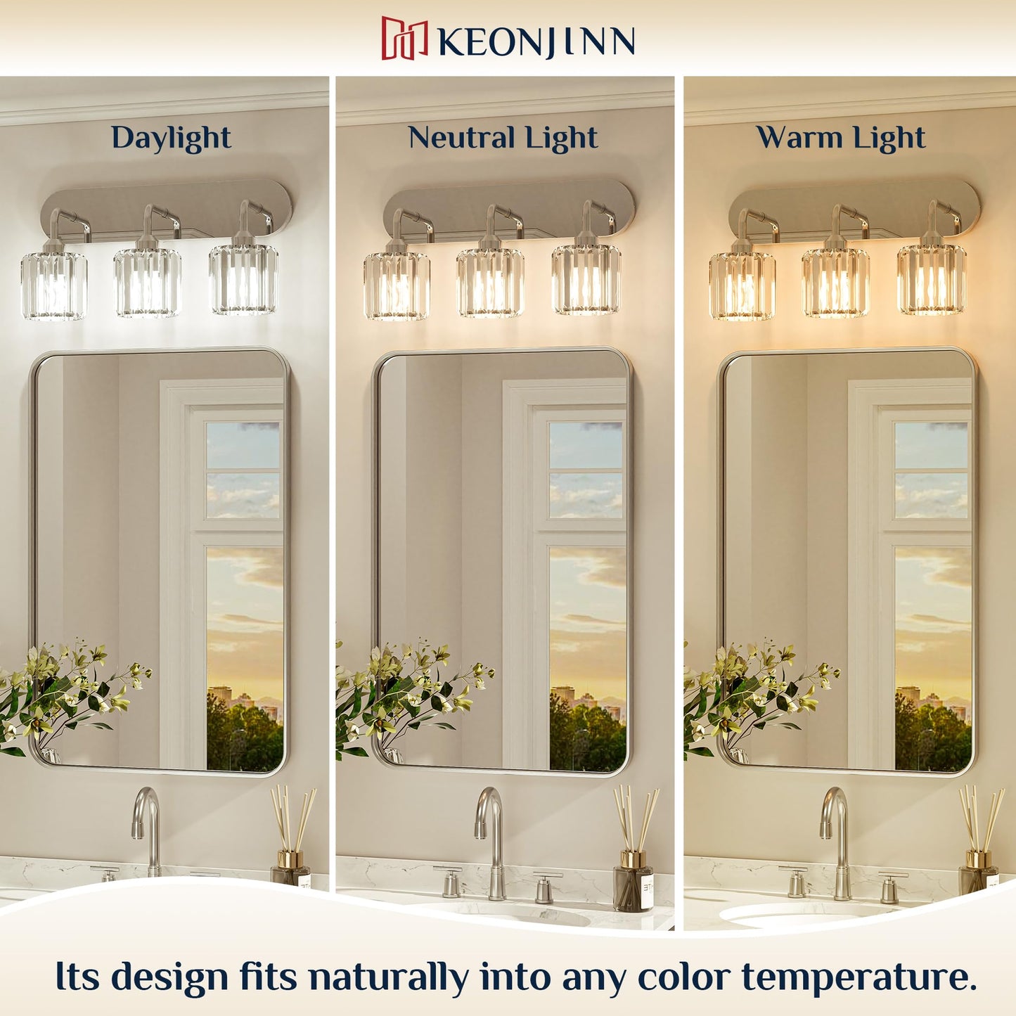 Keonjinn 5-Light Bathroom Light Fixtures, Crystal Chrome Bathroom Vanity Lights Over Mirror, Vanity Lighting Fixtures with Crystal Square Shades (E26 Socket, Exclude Bulb)
