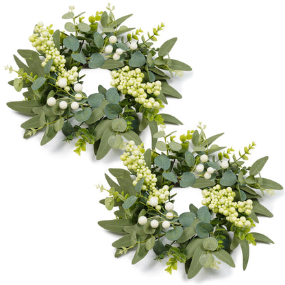DDHS 2 Packs Small Eucalyptus Wreaths, 12 Inch Artificial Mini Green Wreath with Berries, Small Boxwood Leaves Wreaths for Indoor Outdoor Hanging Farmhouse Wall Window Wedding Decor