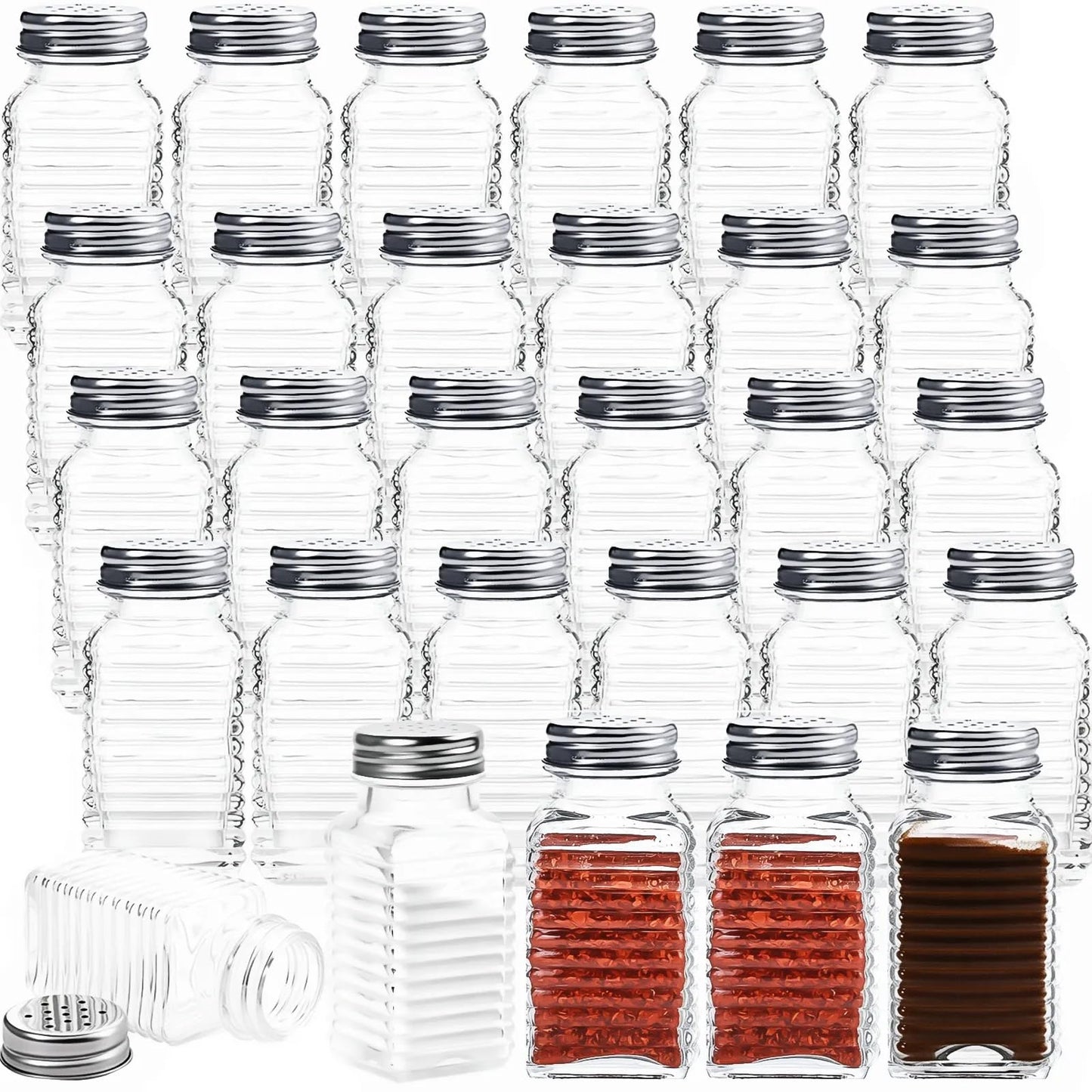 WUWEOT 30 Pack Salt and Pepper Shakers, 3.3oz Glass Shakers Spice Jar with Metal Lids for Salt, Pepper, Spices, Seasonings, Restaurant & Home Kitchen Supplies