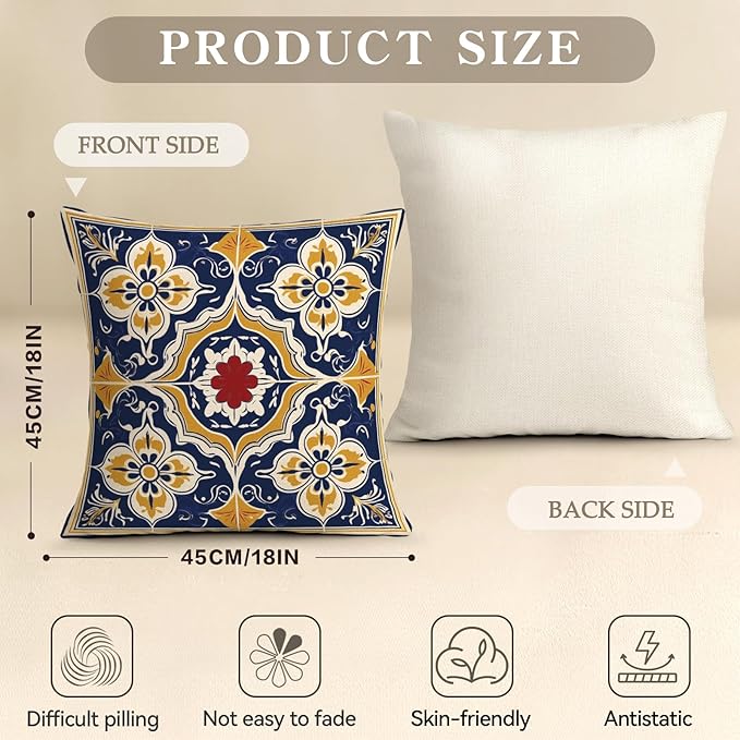 OBSEDE Throw Pillow Covers Set of 4, 18x18 Inch Blue and Yellow Mediterranean