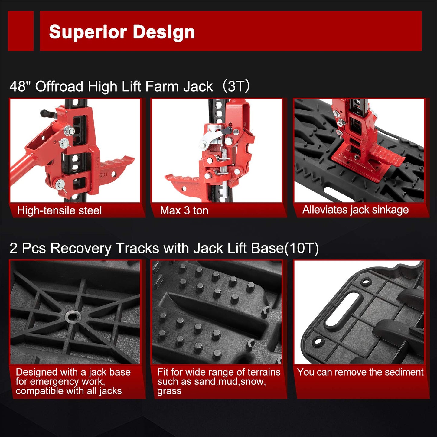 BUNKER INDUST Offroad High Lift Jack with Pair Traction Board Mate,48" FarmJack with Sand Mud Snow Track Mat Board, Offroad Tire Recovery Kit for Car Truck Jeep ATV SUV UTV