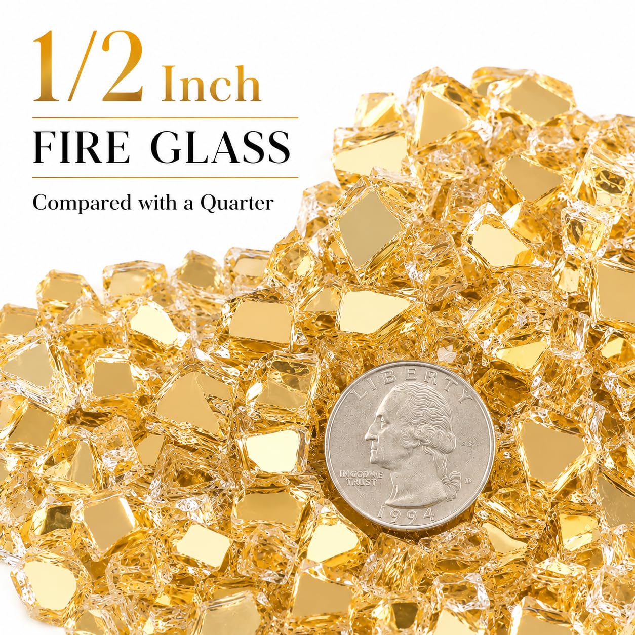 GRISUN Gold Fire Glass for Fire Pit, 20 Pounds 1/2 Inch High Luster Reflective Tempered Glass Rocks for Natural or Propane Fireplace, Safe for Outdoors and Indoors Firepit Glass