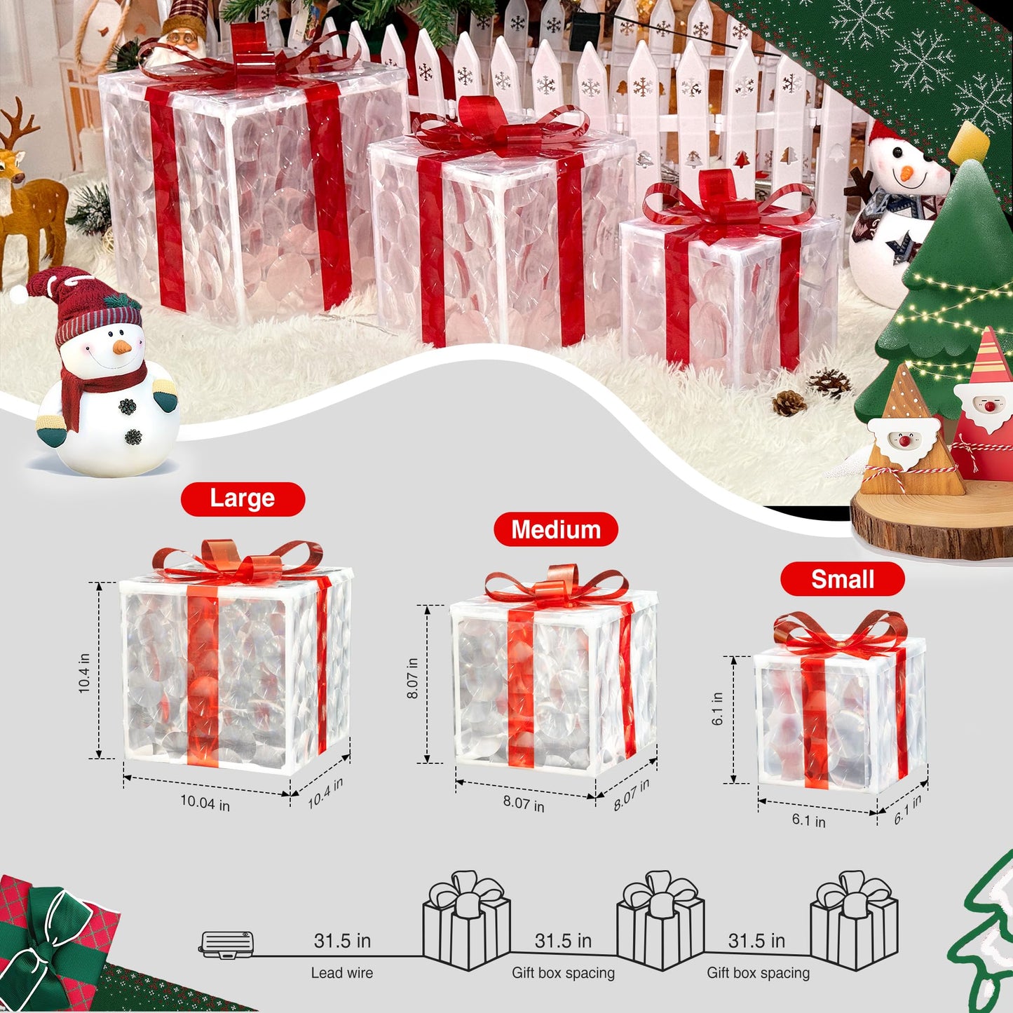 Set of 3 Christmas Lighted Gift Boxes with 50 LEDs,Outdoor Christmas Decorations,8 Modes RGBW Lights,Battery Operated Light Up Present Boxes for Christmas Trees Indoor Outdoor Home Yard Lawn Decor