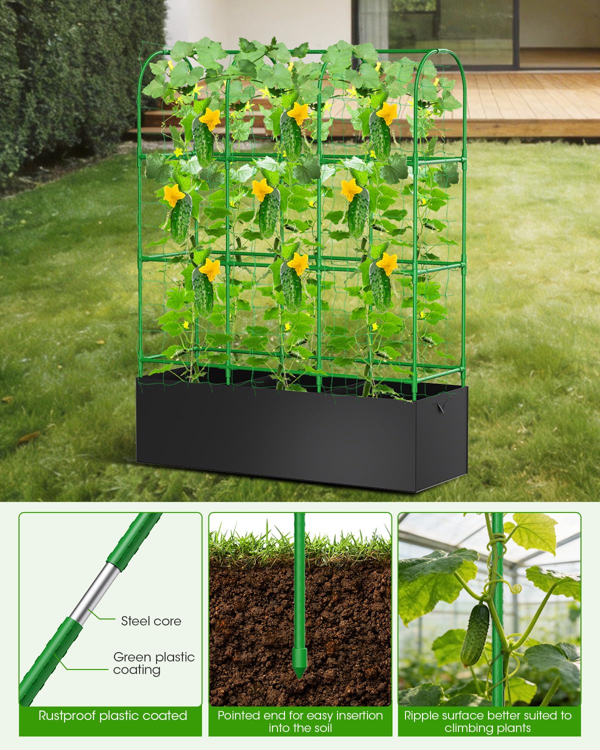 Cucumber Trellis with Grow Bags for Garden, U Frame Garden Trellis for Climbing Plants, Metal Plant Trellis with Garden Netting for Vegetables Flowers Fruits(U-4 Arches)