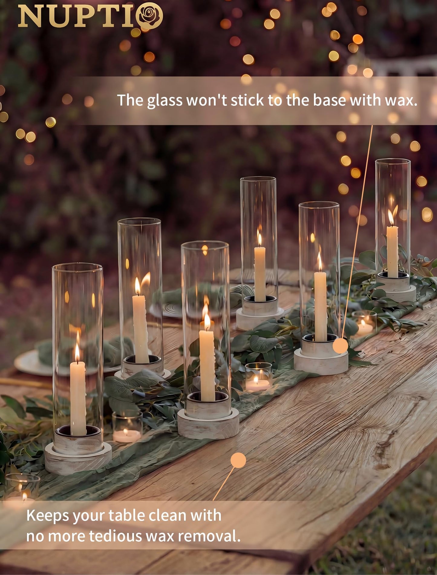 NUPTIO Dripless Candlestick Holders with Wax Catchers for Easy Cleaning: Set of 2 Hurricane Glass Candle Holders with Metal Bobeches - White Wood Farmhouse Home Decor for Wedding Table Centerpiece