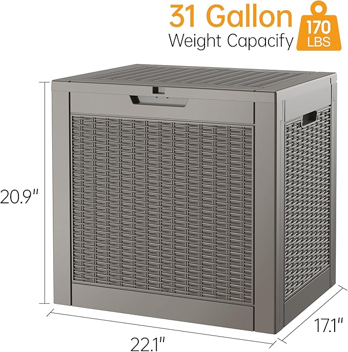 Outdoor Storage Box, Resin Deck Boxes Indoor and outdoor, Waterproof Storage Box Lockable Lid (Grey,31 Gallon)