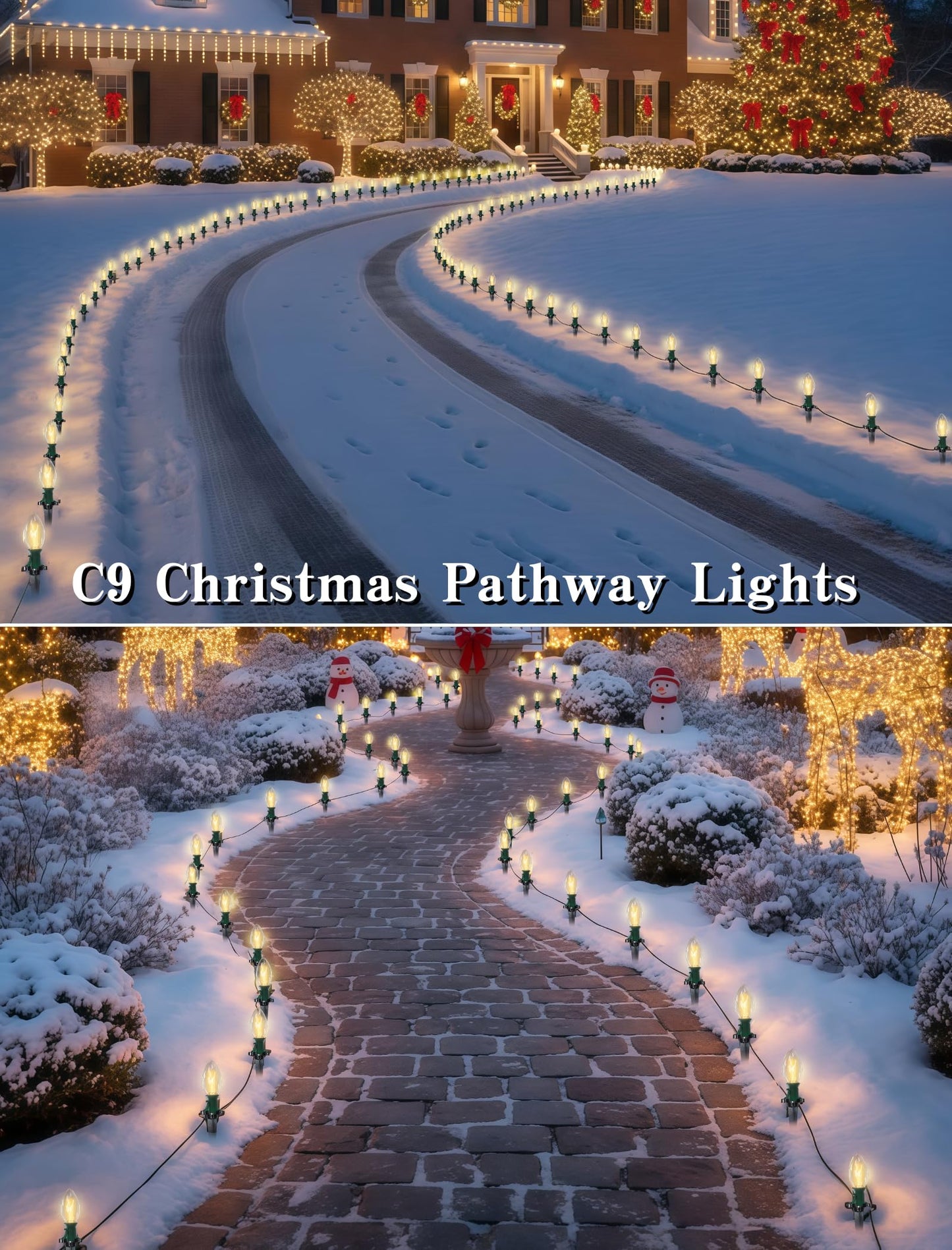 38FT C9 Christmas Pathway Lights Outdoor,25 Pack Warm White Connectable Weatherproof Christmas Walkway Lights with C9 Bulbs and Stakes for Driveway Yard Lawn Sidewalk Decorations