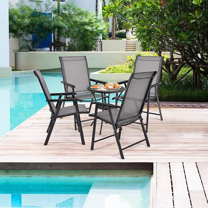 Giantex Set of 4 Folding Patio Chairs, Outdoor Portable Dining Chairs for Garden Camping Poolside Beach Deck Lawn, 4-Pack Sling Armchairs, Metal Frame, Grey
