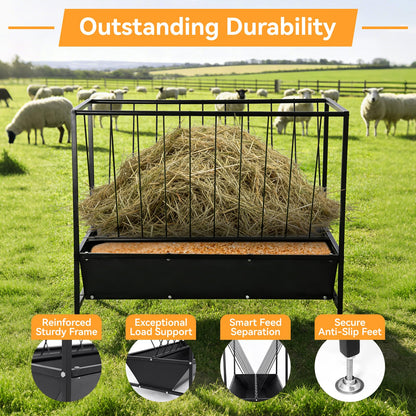 FULUPET 70 Gallon Pasture Hay Feeder, Heavy-Duty 2-in-1 Livestock Feeder with Grain Trough, Galvanized Steel Hay Rack for Goats, Sheep, Calves & Miniature Horses, Weather Resistant Farm Manger