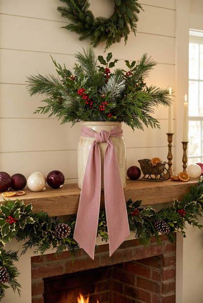 Kutyndrix Red and White Striped Wreath Sash 2 Pack for Front Door, 5.12" x 54.33" Each Holiday Christmas Door Ribbon Decorations Set