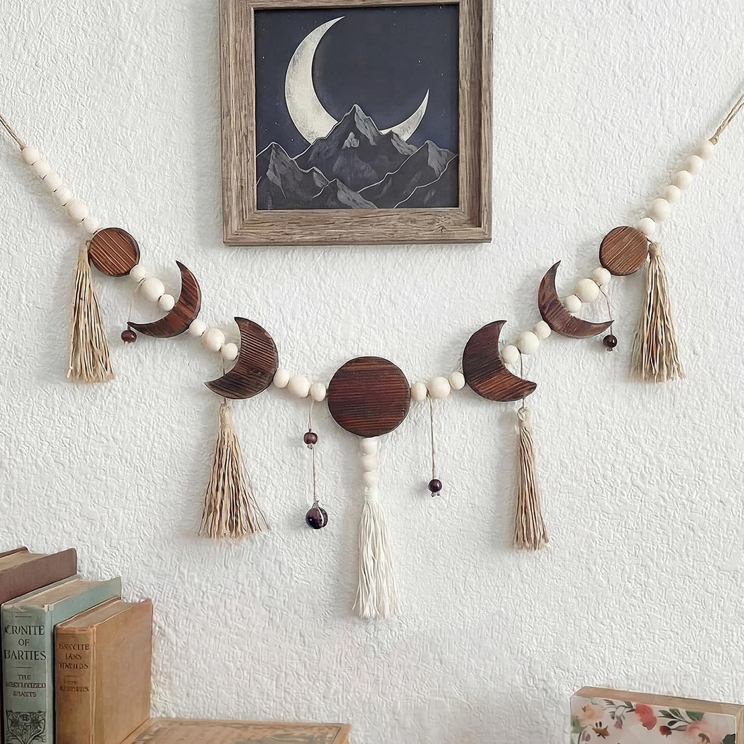 Leinuosen Moon Phase Wall Hanging Wood Beaded with Tassel Boho Wall Art Decor Astrology Aesthetic Moon Garland Celestial Decor for Living Room Bedroom Dorm Apartment(Horizontal)