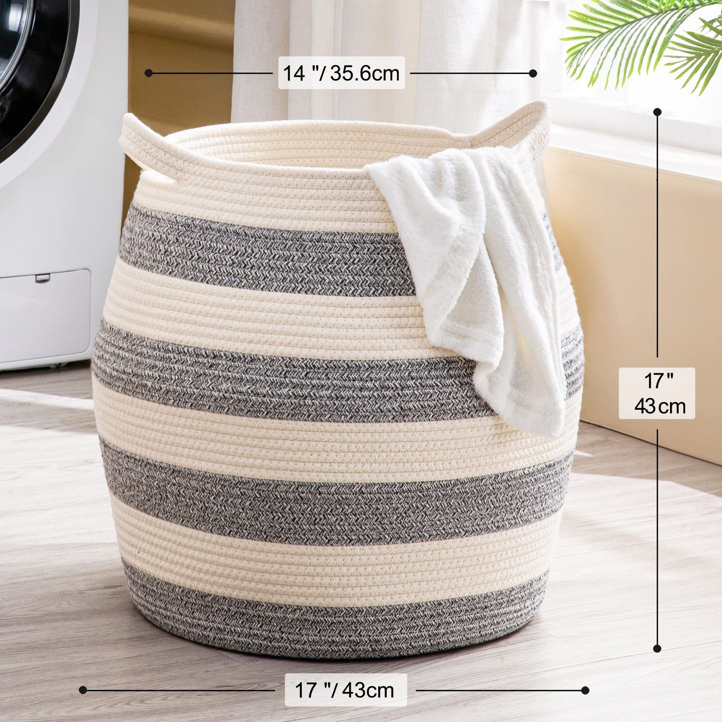 KAKAMAY Woven Baskets for Storage(17"x17"),Large Cotton Rope Basket Woven Baby Laundry Hamper,Collapsible Laundry Basket, Blanket Basket for Organizing Living Room,Nursery,Pillows,Toy Chest(Grey)