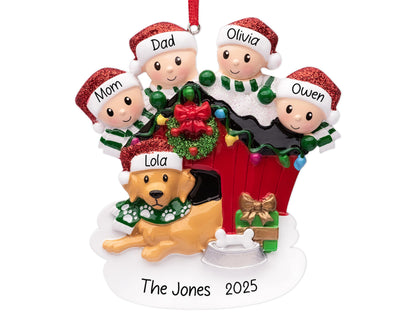 UniqXmas Personalized Family of 4 with Dog Christmas Ornament 2025 | Parents Kids & Puppy with Doghouse Customized Xmas Tree Decoration | Family of Four with New Dog Keepsake - Custom Name & Year