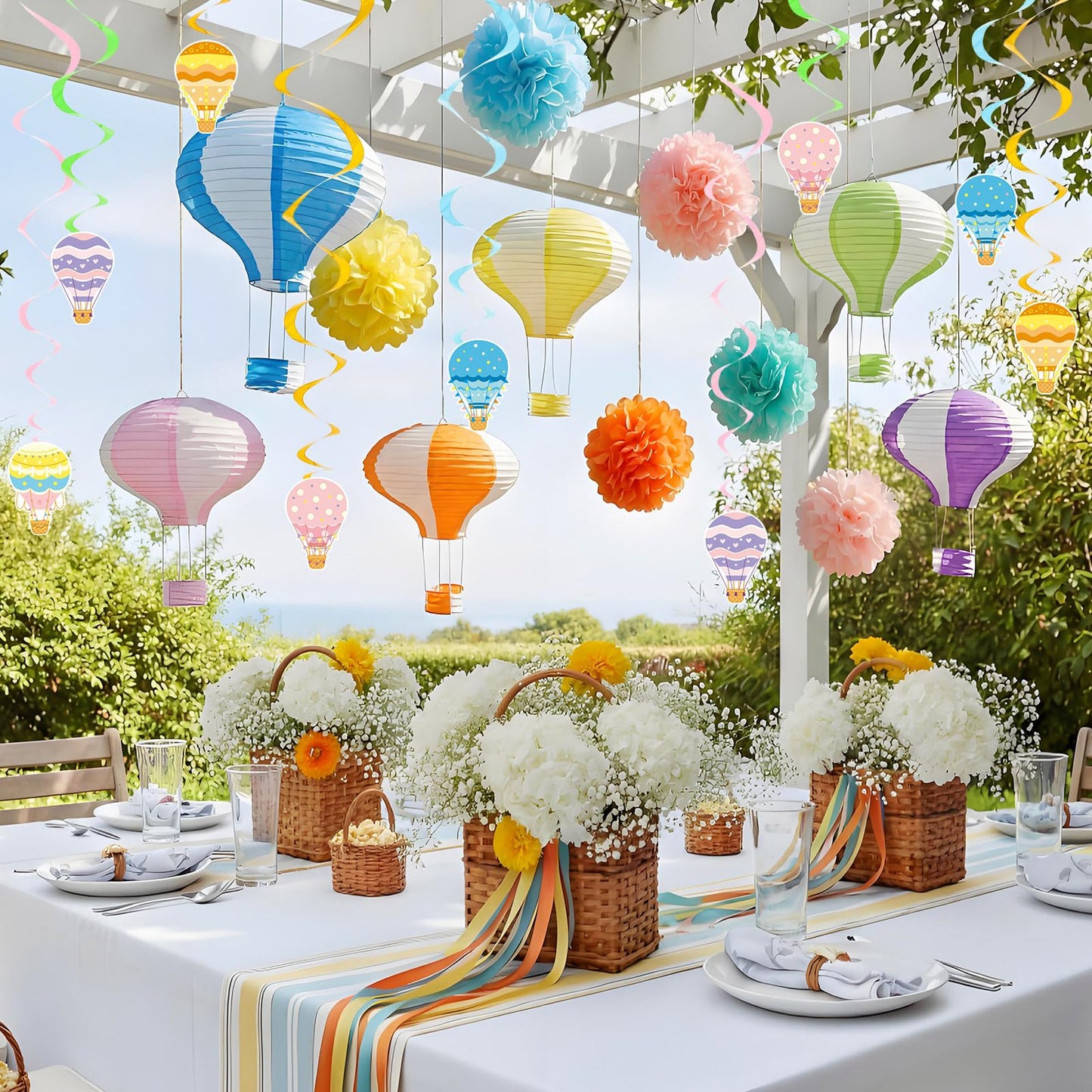 Hortsun 36 Pcs Hot Air Balloon Decorations Include 6 Hanging Hot Air Balloon Paper Lanterns 6 Paper Flowers 12 Hanging Cards 12 Spiral Decor for Wedding Birthday Anniversary Christmas Party Decor
