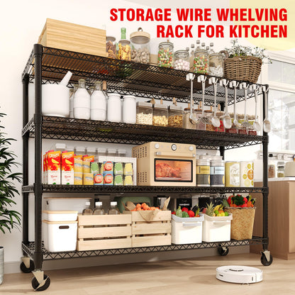 Garvee Metal Shelving 4-Tiers with Wheels, 2640LBS Heavy Duty Storage Shelves for Garage Kitchen, Rolling Shelving Units Wire Rack with Feet, 59" Wx71.8 Hx17.7 D,Adjustable & Easy Assemble, Black