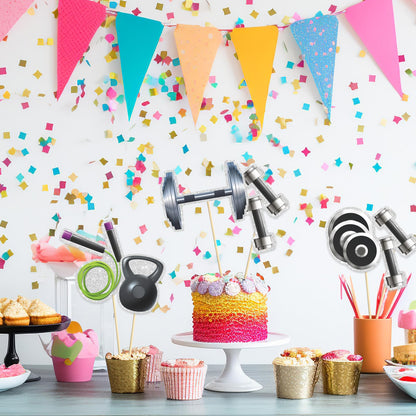 Set of 15,Gym Theme Centerpiece Sticks,Weight Lifting Motion Table Toppers,Biceps Dumbbells Kettlebells Bodybuilding Cupcake Picks,Fitness Themed Birthday Party Decorations