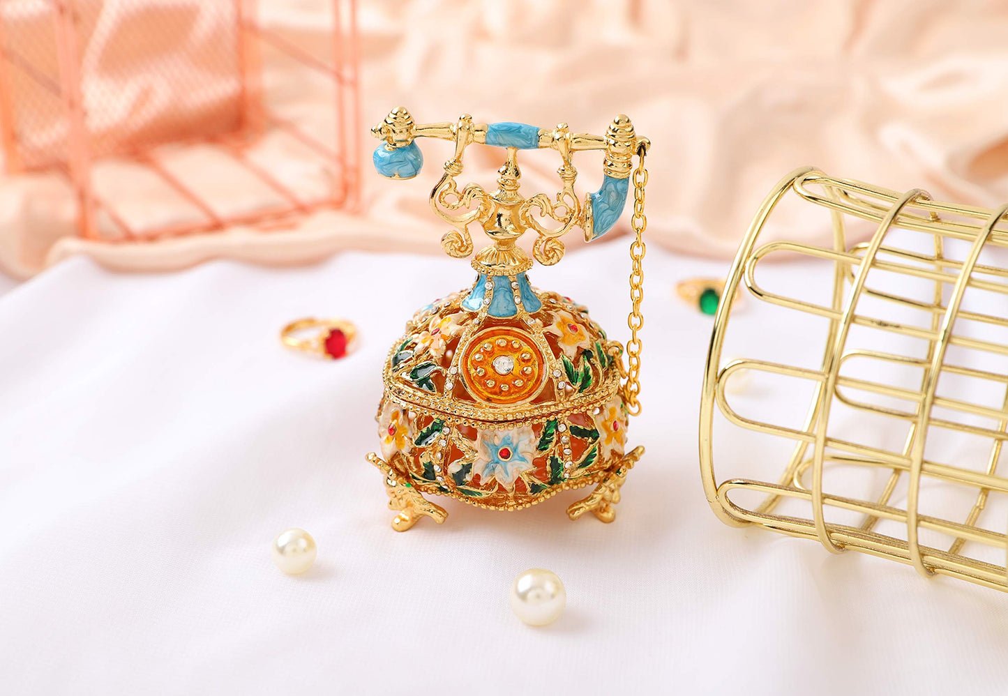 QIFU Hand Painted Blue Telephone Style Enameled Trinket Box Unique Gift for Family