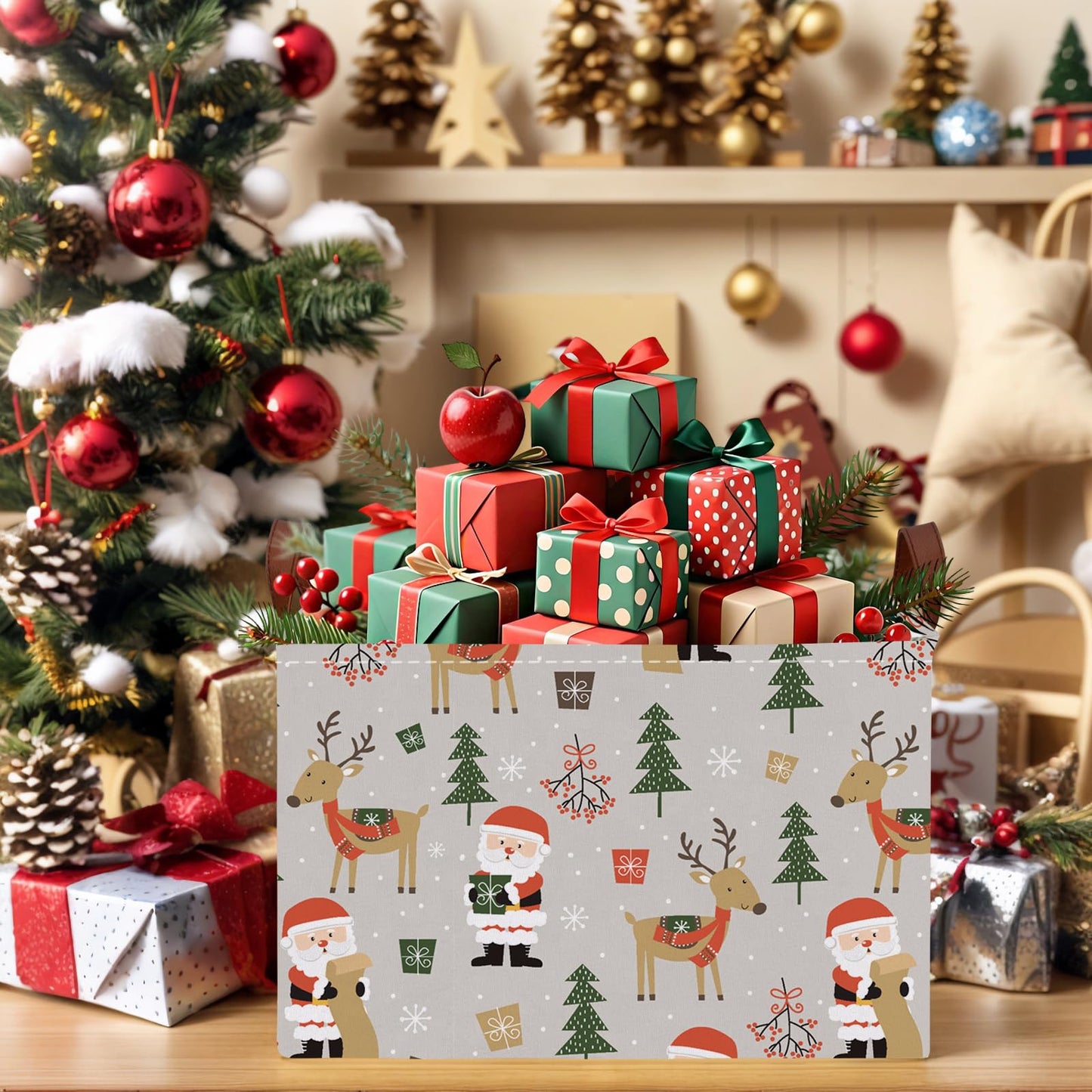 NIETEIN Large Kids Christmas Holiday Gift Empty Baskets Collapsible Families Holiday Storage Bin with Handle (Santa Claus Deer)