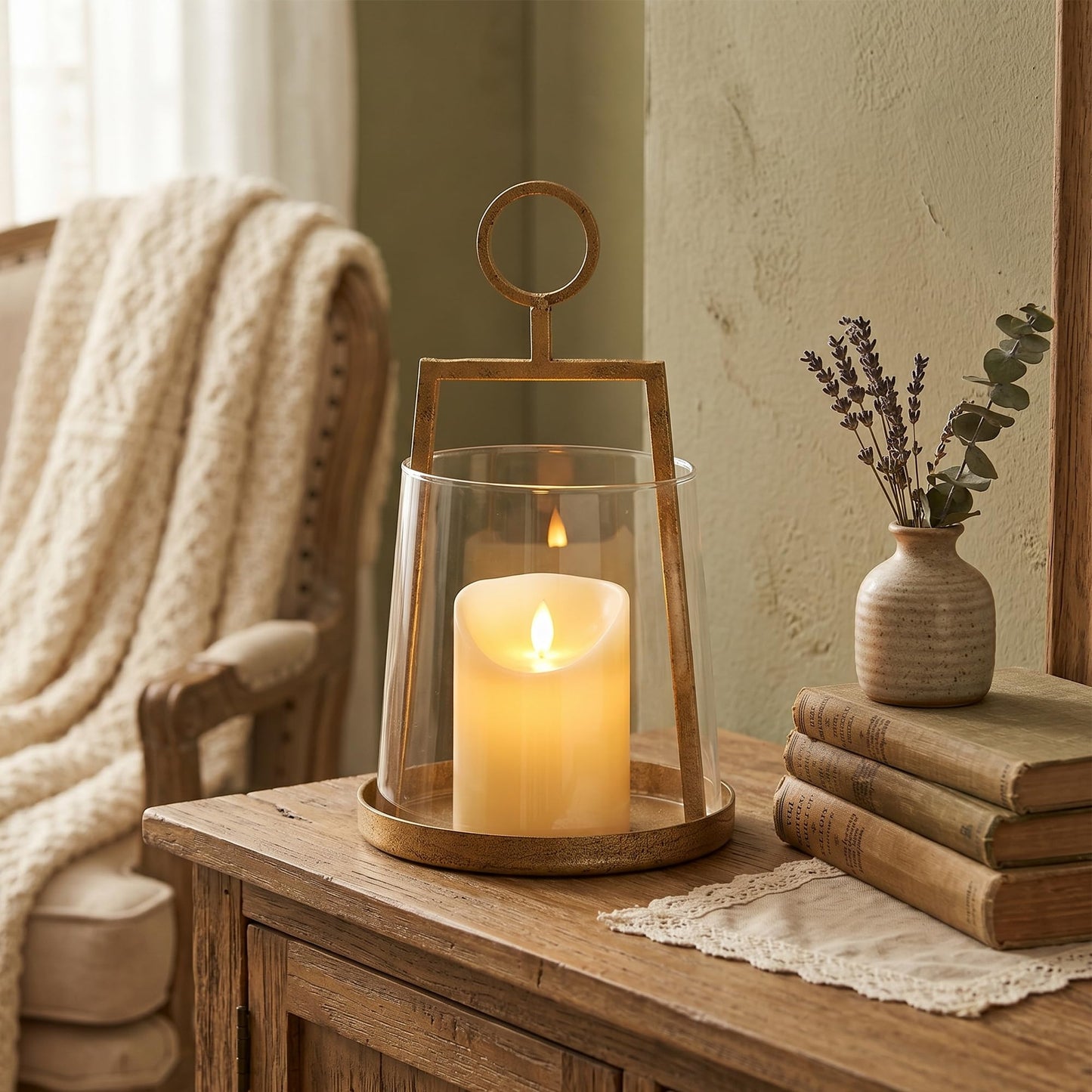 Modern Farmhouse Hurricane Candle Holder, Antique Brass Metal Centerpiece with Sturdy Glass Sleeve, Tabletop Geometric Lantern for Pillar Candles, Plants & Home Decor (6" x 10")