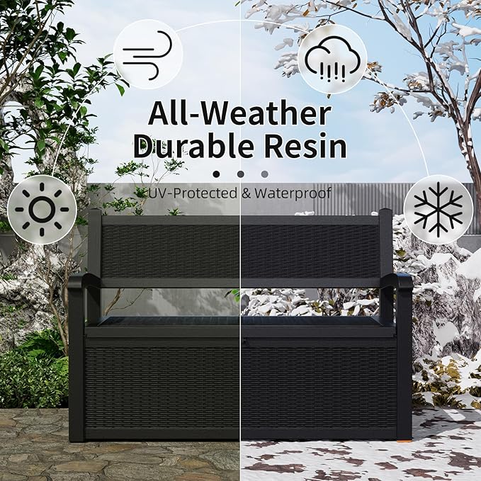 80 Gallon Outdoor Storage Bench Deck Box Waterproof Lockable,Outdoor Storage Furniture for Patio,Garden and Porch,Tools and Cushions（Black）
