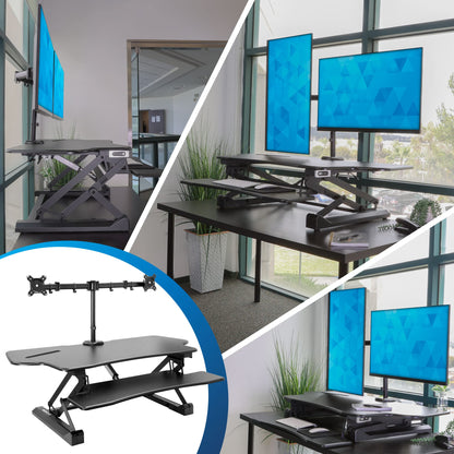Mount-It! Electric Standing Desk Converter with Dual Monitor Arm, Stand Up Desk Riser X-Large 47.2" Wide, Electric Desk Riser with Mount for 2 Screens (Max 32"), Desktop with Keyboard Tray, USB, Black