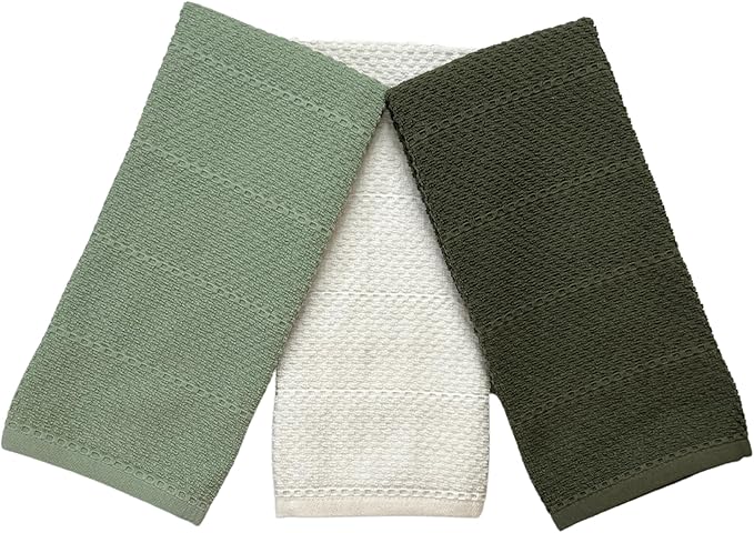Sage White Dark Green Kitchen Hand Dish Towels: Oversized 28" x 18", 100%