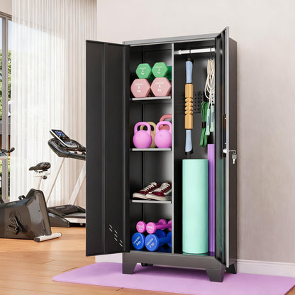 VASAAOSD 61IN Home Gym Storage Cabinet for Kettlebells, Yoga Mat and Balls, Workout Equipment Storage Organizer with Lock Doors, Dumbbell Rack Cabinet, Weight Rack for Dumbbells
