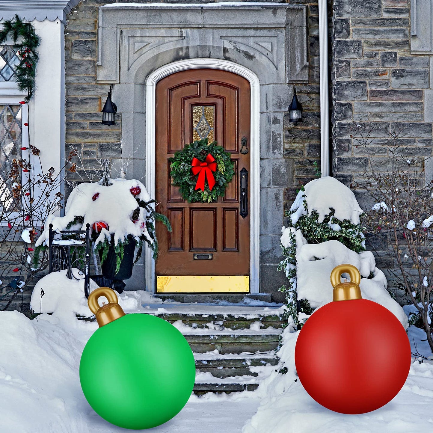 2 Pieces 32 Inch Giant PVC Inflatable Christmas Decorated Ball Ornaments Outdoor Large Xmas Blow Ball Decorations for Christmas Themed Party Ornaments(Solid,Red Green)