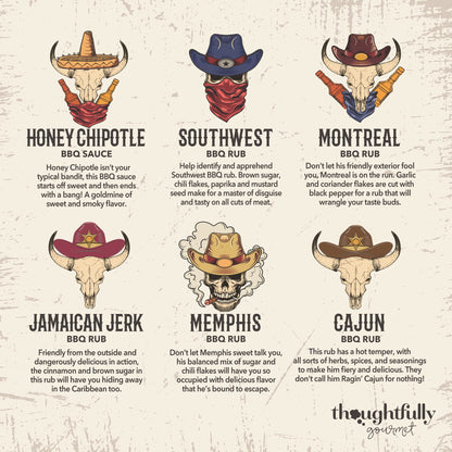 Thoughtfully Gourmet, Wild Western-Themed BBQ Sauce and Rubs Book Gift Set, Includes Honey, Montreal Rub & More, Set of 12